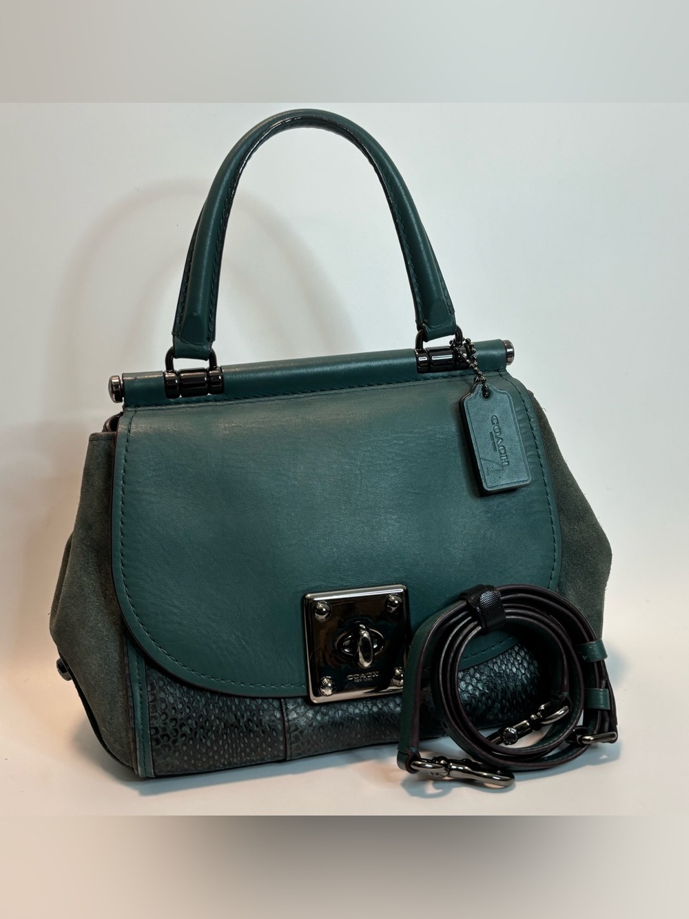COACH ($795) Drifter Satchel in Turquoise Smooth, Suede & Snakeskin Leather AUTH